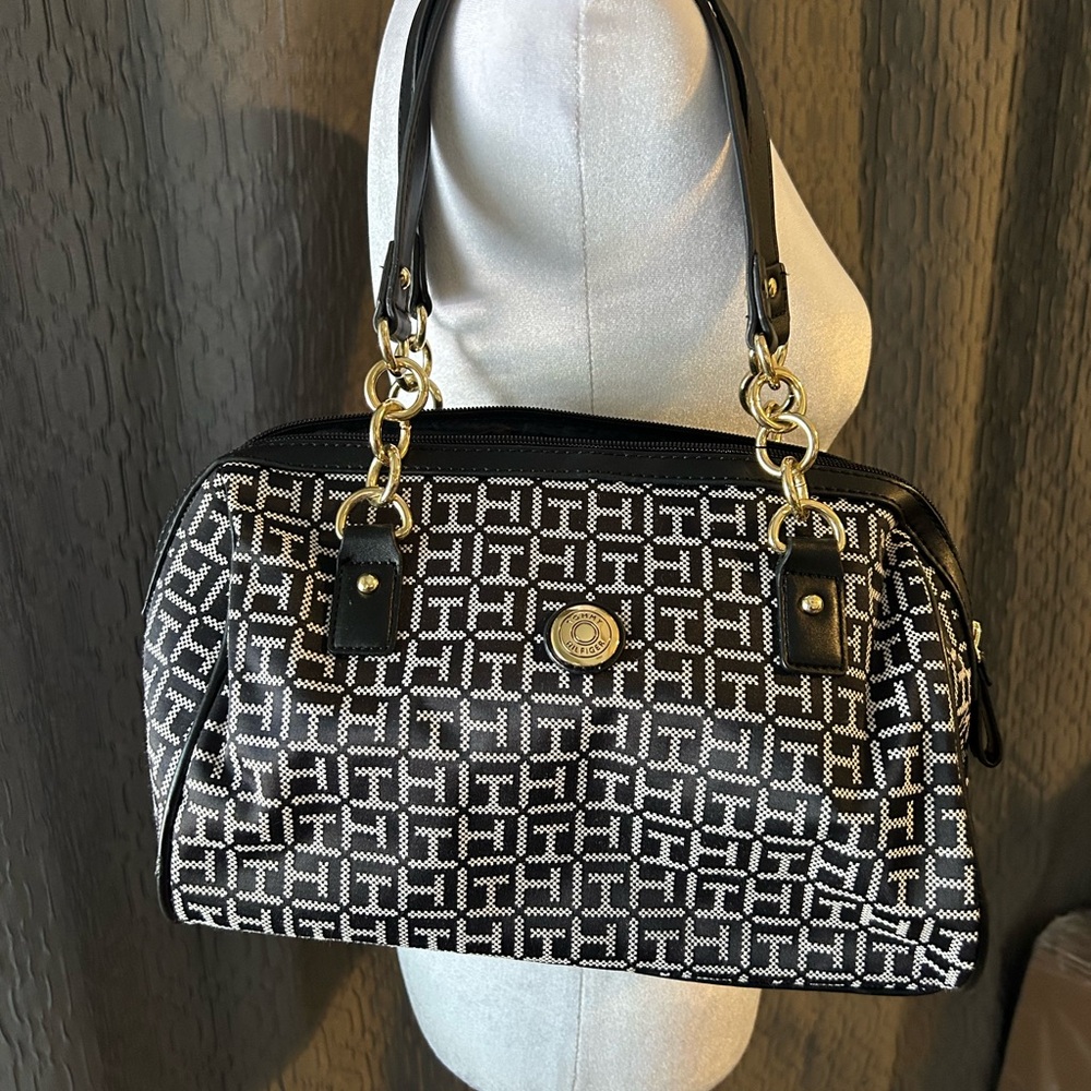 Tommy Hilfiger Black and White Satchel with Gold Accents